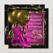 マゼンタブラック金ゴールドヒールシューバースデーパーティー 招待状 (正面/裏面)