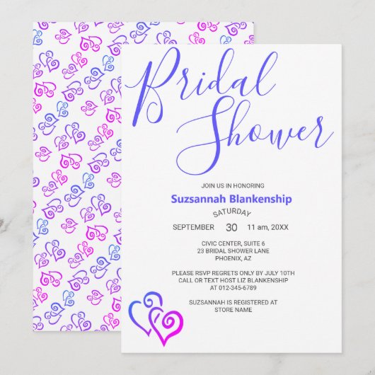 マゼンタブルーのリンクハートブライダルシャワーテンプレート 招待状 (正面/裏面)