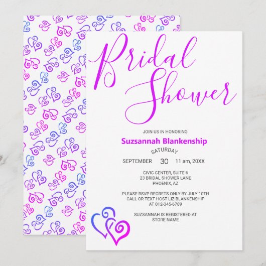 マゼンタブルーのリンクハートブライダルシャワーテンプレート 招待状 (正面/裏面)
