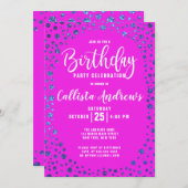 マゼンタブルーグリッター紙吹雪縁ど誕生日 招待状 (正面/裏面)