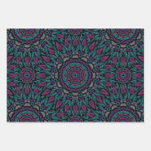 マゼンタブルーティール（緑がかった色）ゴシック色ステンドグラスマンダラ ラッピングペーパーシート (正面)