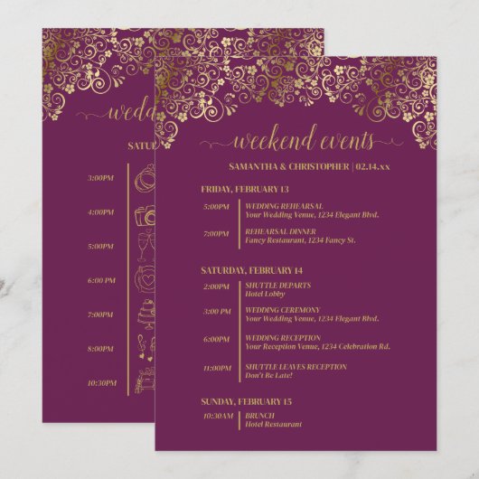 マゼンタプラムとゴールドの結婚式イベントとタイムライン プログラム (正面/裏面)