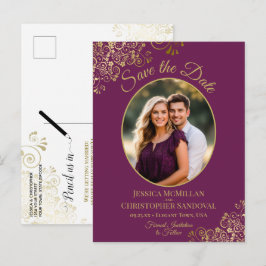 マゼンタプラム&ゴールド結婚式の事前お知らせフォト 案内ポストカード
