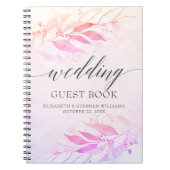 マゼンタホットピンクの水の色のリーフ結婚のゲストブック ノートブック (正面)