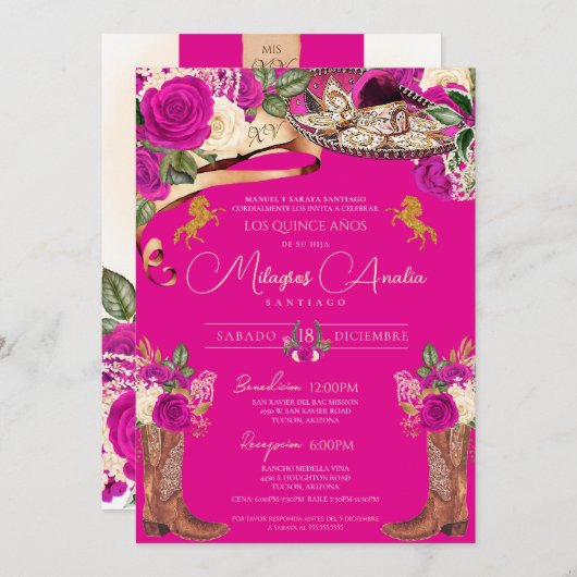 マゼンタホットピンクバラファンシーチャロキンセニェラ 招待状 (正面/裏面)