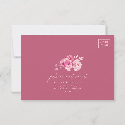 マゼンタホットピンクフローラエレガントウェディングRSVPカード 出欠カード (裏面)