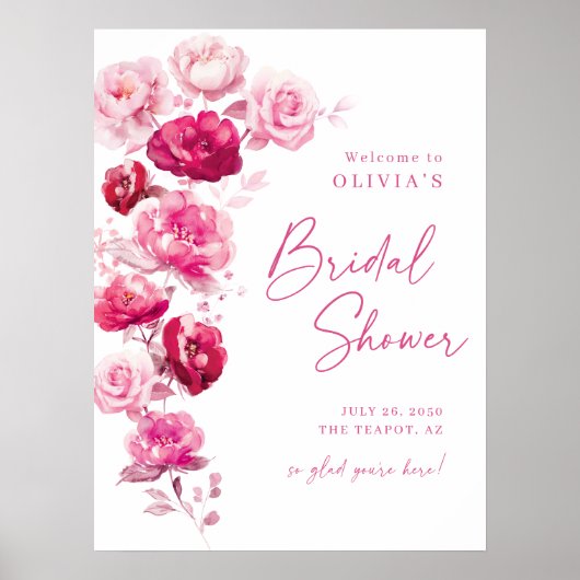 マゼンタホットピンクフローラブライダルシャワーウェルカムサイン ポスター (正面)
