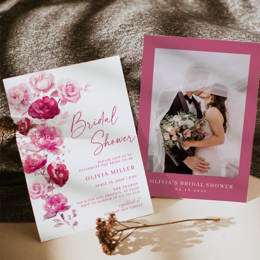 マゼンタホットピンクフローラブライダルシャワー招待 招待状