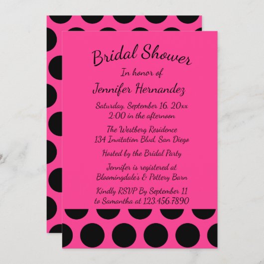 マゼンタホットピンクブライダルシャワーブラック水玉模様 招待状 (正面/裏面)