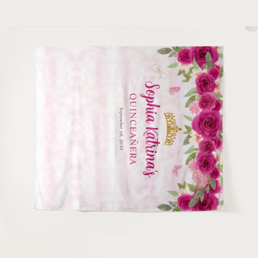 マゼンタホットピンク金ゴールドフローラプリンセスキンセアニラ タペストリー (正面(横))