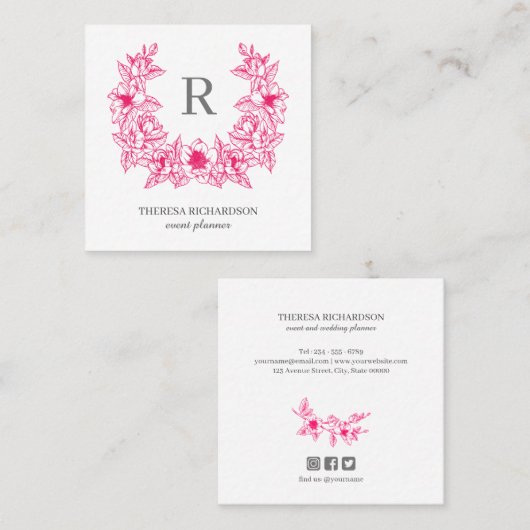 マゼンタマグノリアリースモノグラムソーシャルメディア スクエア名刺 (正面/裏面)