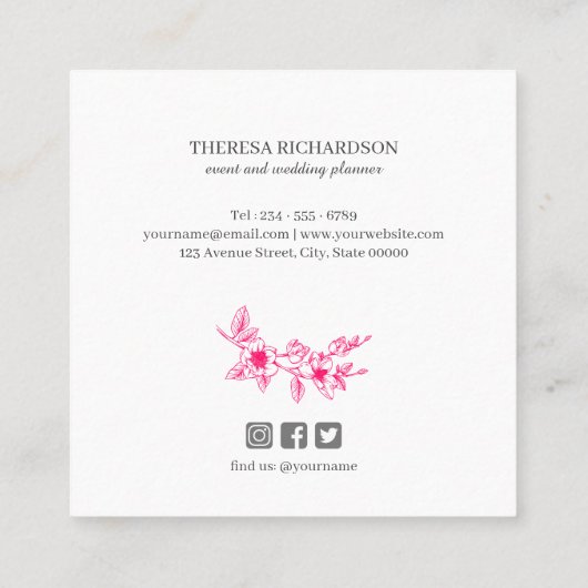 マゼンタマグノリアリースモノグラムソーシャルメディア スクエア名刺 (裏面)