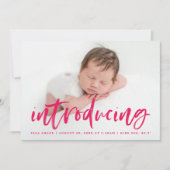 マゼンタモダンの台本の導入写真誕生 案内状 (正面)