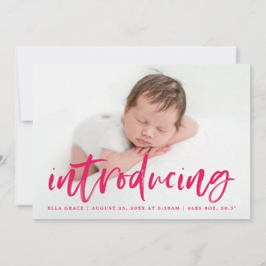 マゼンタモダンの台本の導入写真誕生 案内状 (正面)