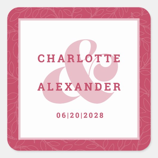 マゼンタレッドモダンの結婚トレンディー新郎新婦 スクエアシール (正面)