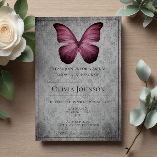 マゼンタヴィンテージバタフライダマスクブライダルシャワー 招待状