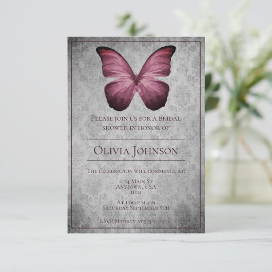 マゼンタヴィンテージバタフライダマスクブライダルシャワー 招待状 (スタンド正面)