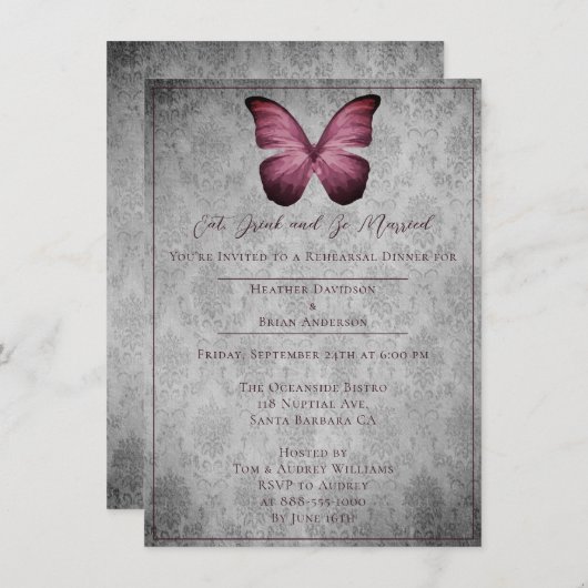 マゼンタヴィンテージバタフライダマスクリハーサルディナー 招待状 (正面/裏面)