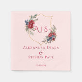 マゼンタヴィンテージ植物性フローラクレストモノグラム スタンダードカクテルナプキン (正面)