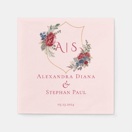 マゼンタヴィンテージ植物性フローラクレストモノグラム スタンダードカクテルナプキン (正面)