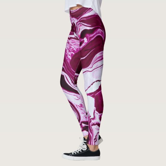 マゼンタ大理石のテクスチャ:抽象流動アート レギンス (左)