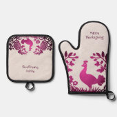 マゼンタ感謝祭トルコフローラ 鍋つかみ&鍋敷きセット (正面)