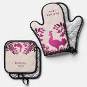 マゼンタ感謝祭トルコフローラ 鍋つかみ&鍋敷きセット (正面/裏面)