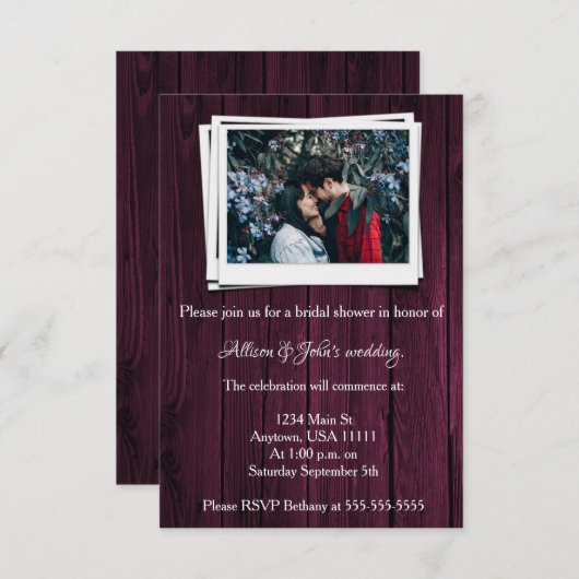 マゼンタ木製写真ブライダルシャワー招待状 招待状 (正面/裏面)