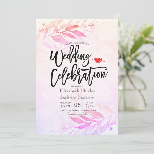 マゼンタ水彩の葉の花 ボタニカル ウェディング 招待状 (スタンド正面)