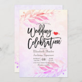 マゼンタ水彩の葉の花 ボタニカル ウェディング 招待状 (正面/裏面)