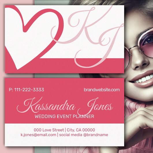 マゼンタ白色筆記ハートモノグラムイニシャル 名刺