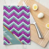 マゼンタ箔およびティール(緑がかった色)ジグザグパターン キッチンタオル (四つ折り)