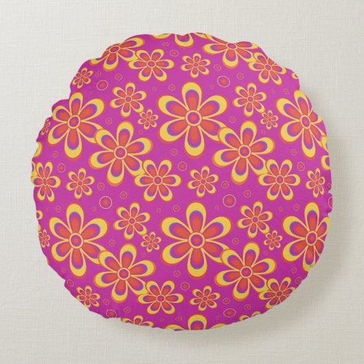 マゼンタ紫色の花シームレスパターン ラウンドクッション (正面)