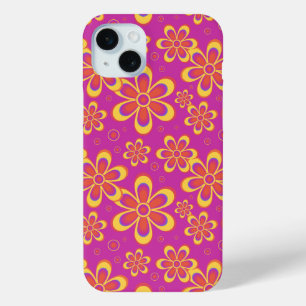 マゼンタ紫色の黄色い溝状の花のパターン iPhone 15 MINIケース