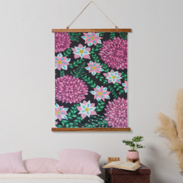 マゼンタ色の花（黒） 吊り下げ型タペストリー