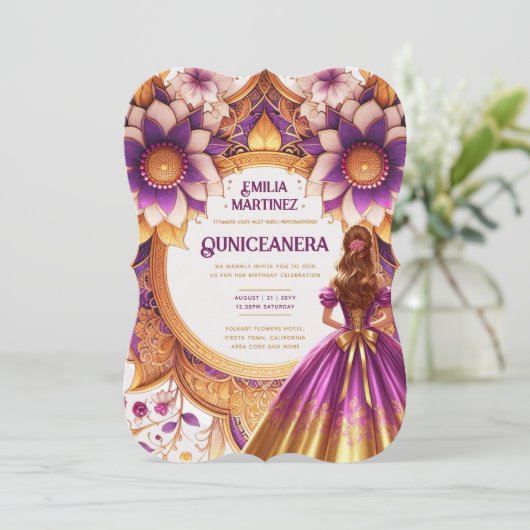 マゼンタ金ゴールドキンセアニラドレスプリンセススウィート16 招待状 (スタンド正面)