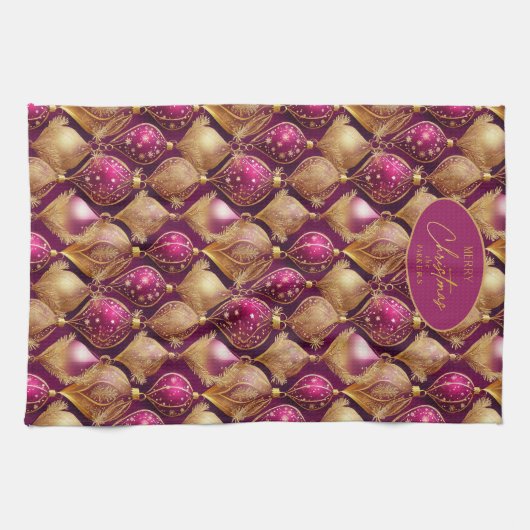 マゼンタ金ゴールドクリスマスパターン#12 ID1009 キッチンタオル (横)