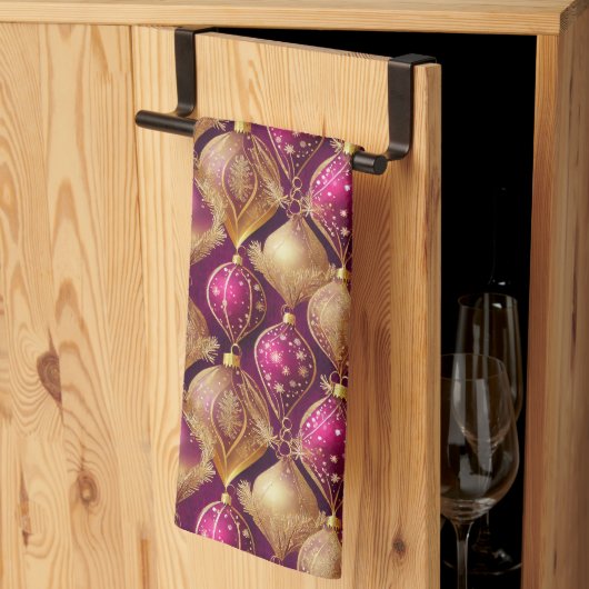 マゼンタ金ゴールドクリスマスパターン#12 ID1009 キッチンタオル (三つ折り)