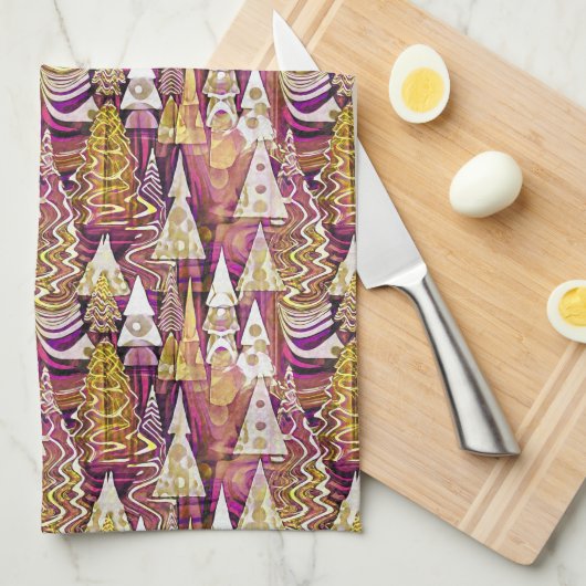 マゼンタ金ゴールドクリスマスパターン#25 ID1009 キッチンタオル (四つ折り)