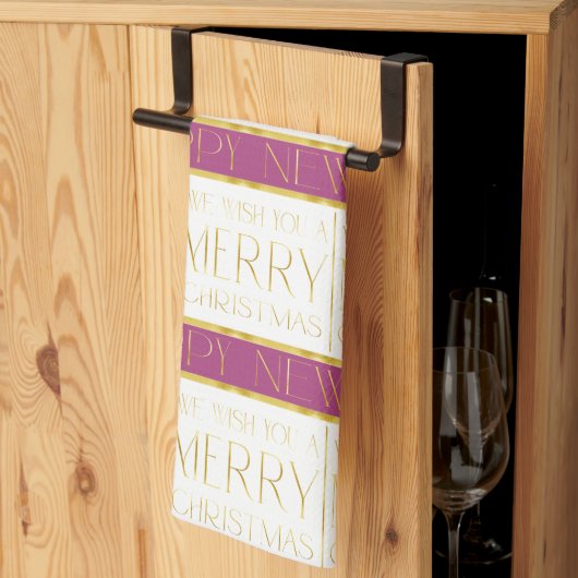 マゼンタ金ゴールドクリスマスパターン#35 ID1009 キッチンタオル (三つ折り)