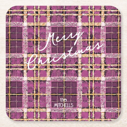 マゼンタ金ゴールドクリスマスパターン#7 ID1009 スクエアペーパーコースター (正面)