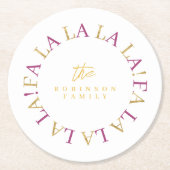 マゼンタ金ゴールドクリスマスFa La La ID1009 ラウンドペーパーコースター (正面)