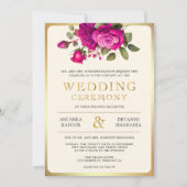 マゼンタ金ゴールドフローラインディアンヒンドゥー結婚フォト 招待状 (正面)