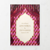 マゼンタ金ゴールドフローラカーテンインディアンヒンドー結婚ズ 三つ折り招待状 (カバー)