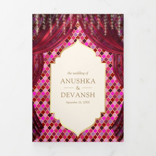 マゼンタ金ゴールドフローラカーテンインディアンヒンドー結婚ズ 三つ折り招待状 (カバー)