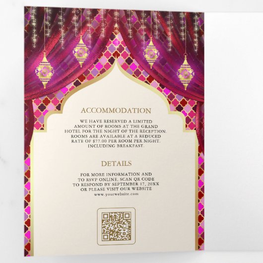 マゼンタ金ゴールドフローラカーテンインディアンヒンドー結婚ズ 三つ折り招待状 (内部最初)