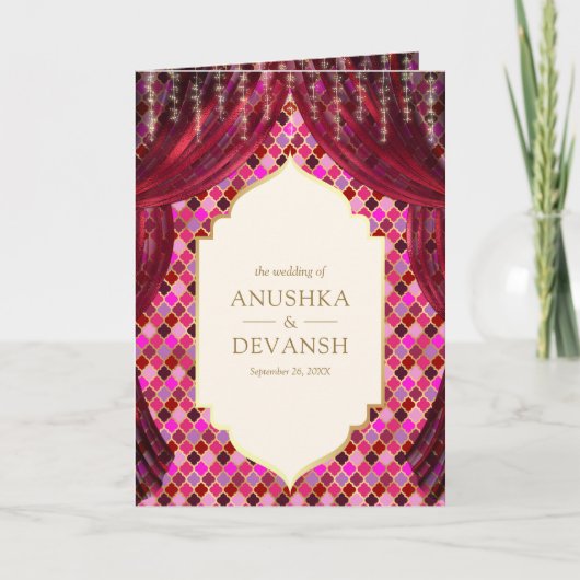 マゼンタ金ゴールドフローラカーテンインディアンヒンドー結婚ズ 招待状 (正面)
