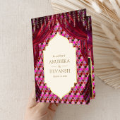 マゼンタ金ゴールドフローラカーテンインディアンヒンドー結婚ズ 招待状