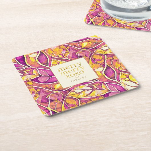 マゼンタ金ゴールドメリークリスマスパターン#21 ID1009 スクエアペーパーコースター (アングル)