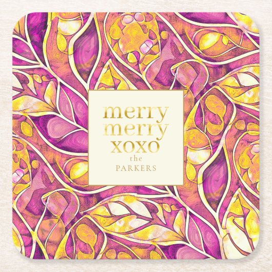 マゼンタ金ゴールドメリークリスマスパターン#21 ID1009 スクエアペーパーコースター (正面)
